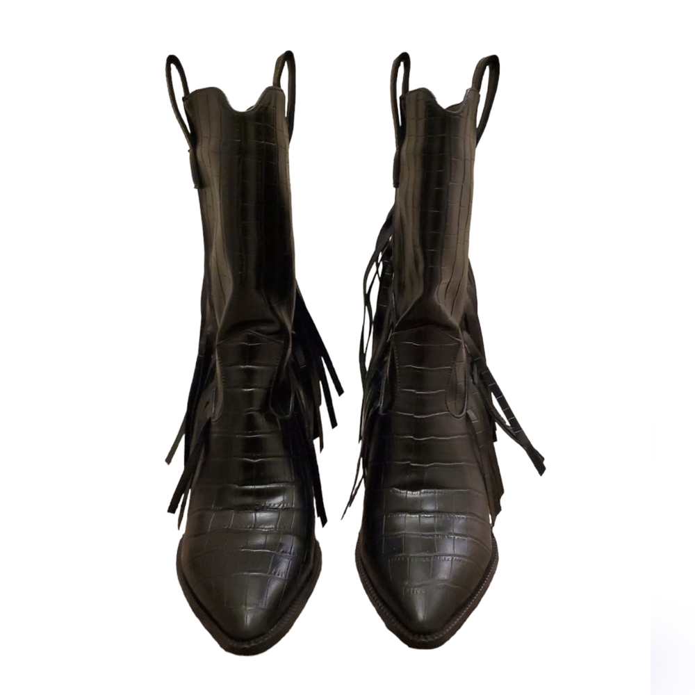 ISNOM, Women's 7 EU 37, Black, Fringe, Leather boots